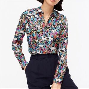 J. Crew 100% Silk Button Down Shirt Grazing Goats Floral Print Extra Small 00